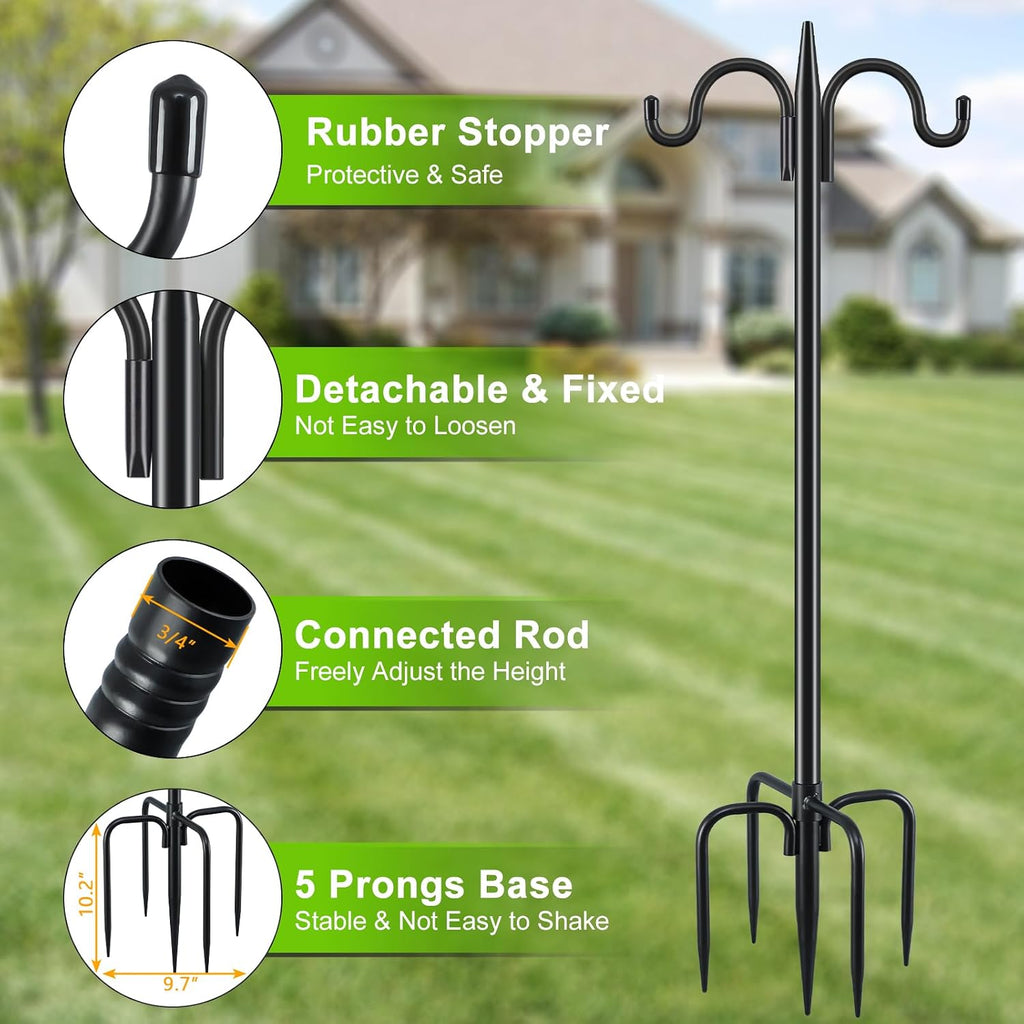 Gtongoko Bird Feeder Pole for Outdoors Heavy Duty, 2 Pack 92 Inch Double Shepherds Hook with 5-Prong Stable Base, 3/4