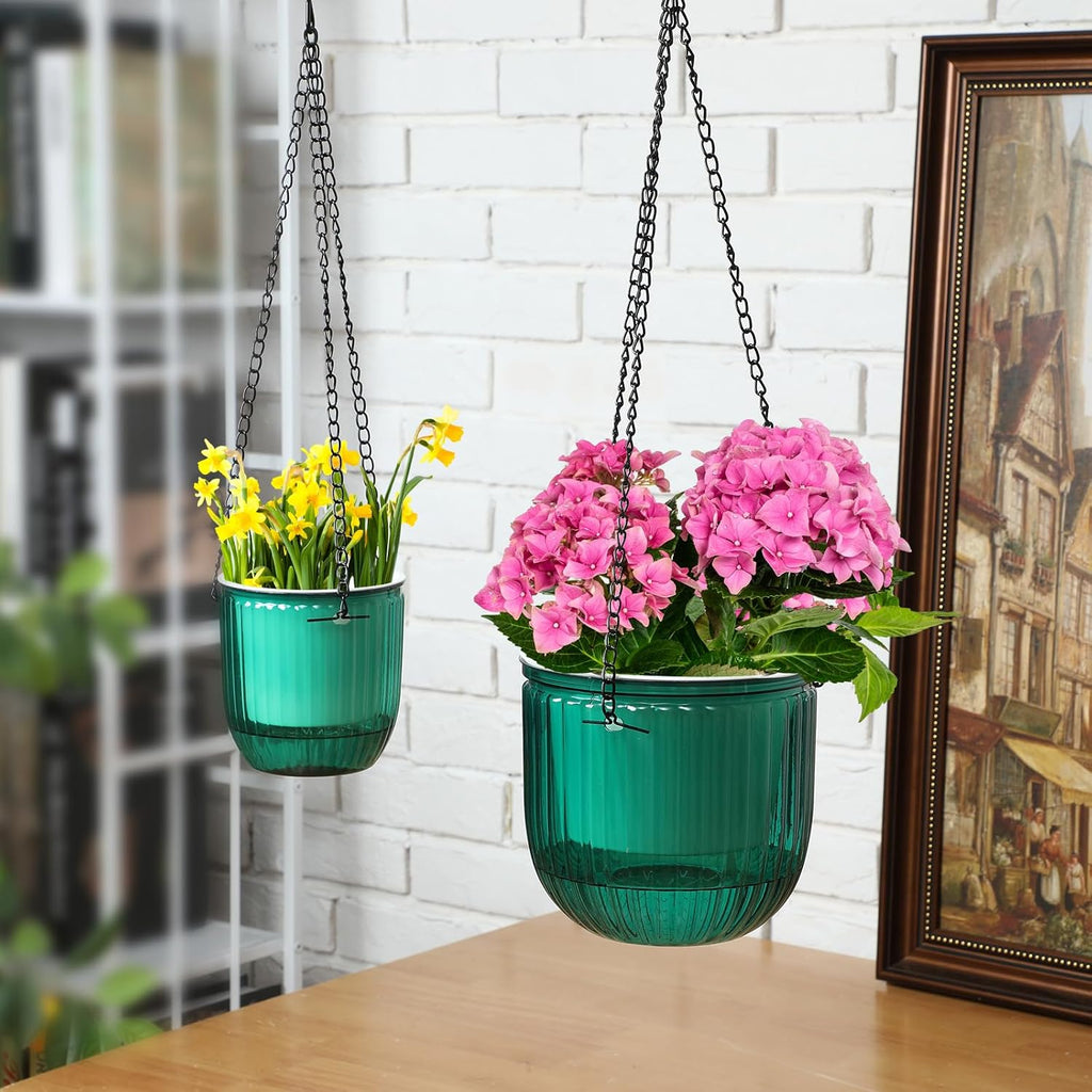 4 Pcs Self Watering Planters 6.5'' 4.5'', Emerald | Hanging Pots for Indoor Plants with Drainage Holes and 3 Hooks