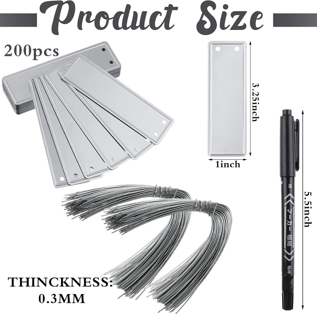 200 Aluminum Plant Tags with 200 Metal Wires - Double Sided Write On Metal Labels - Solid Stamping Tags - Waterproof