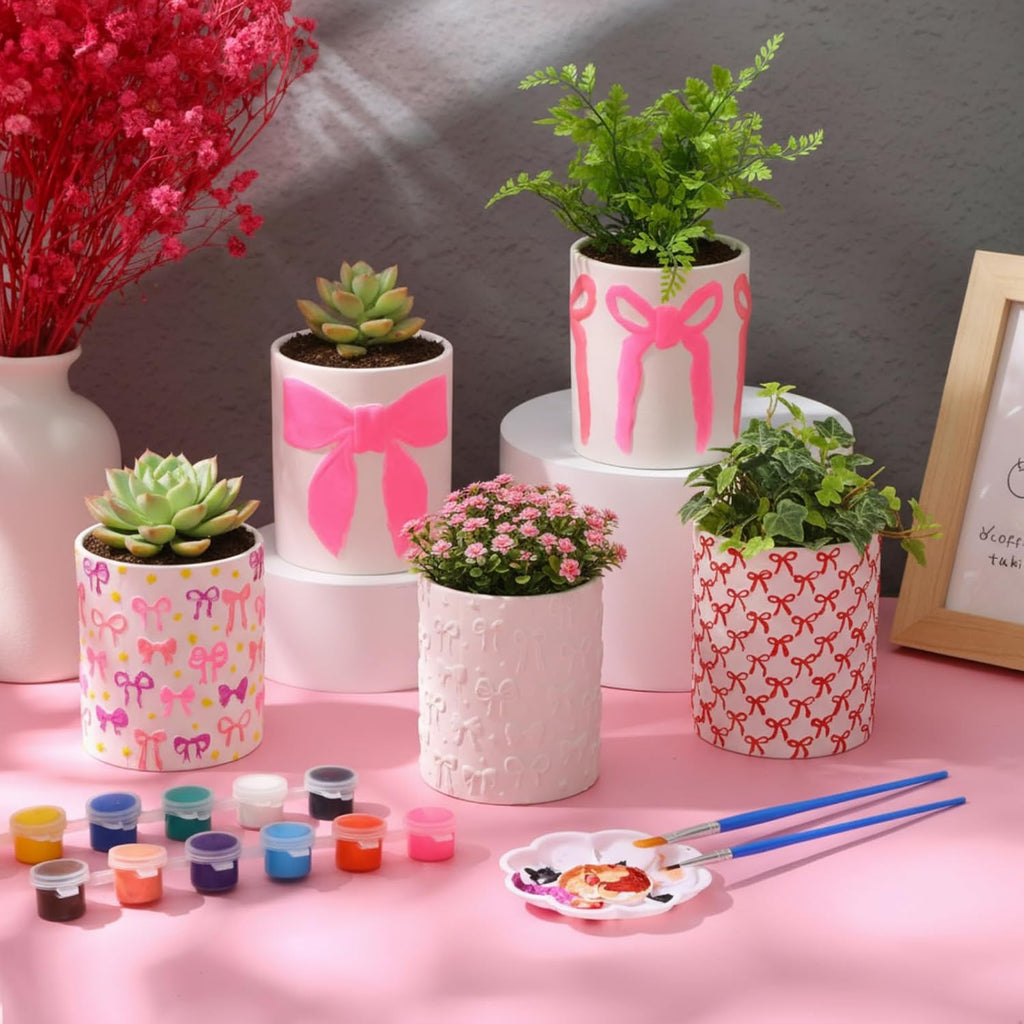 Zubebe 12 Pcs Paint Your Own Flower Ceramic Pots with Drainage Hole, 4 Style Pink Bow Unfinished Succulent Pots