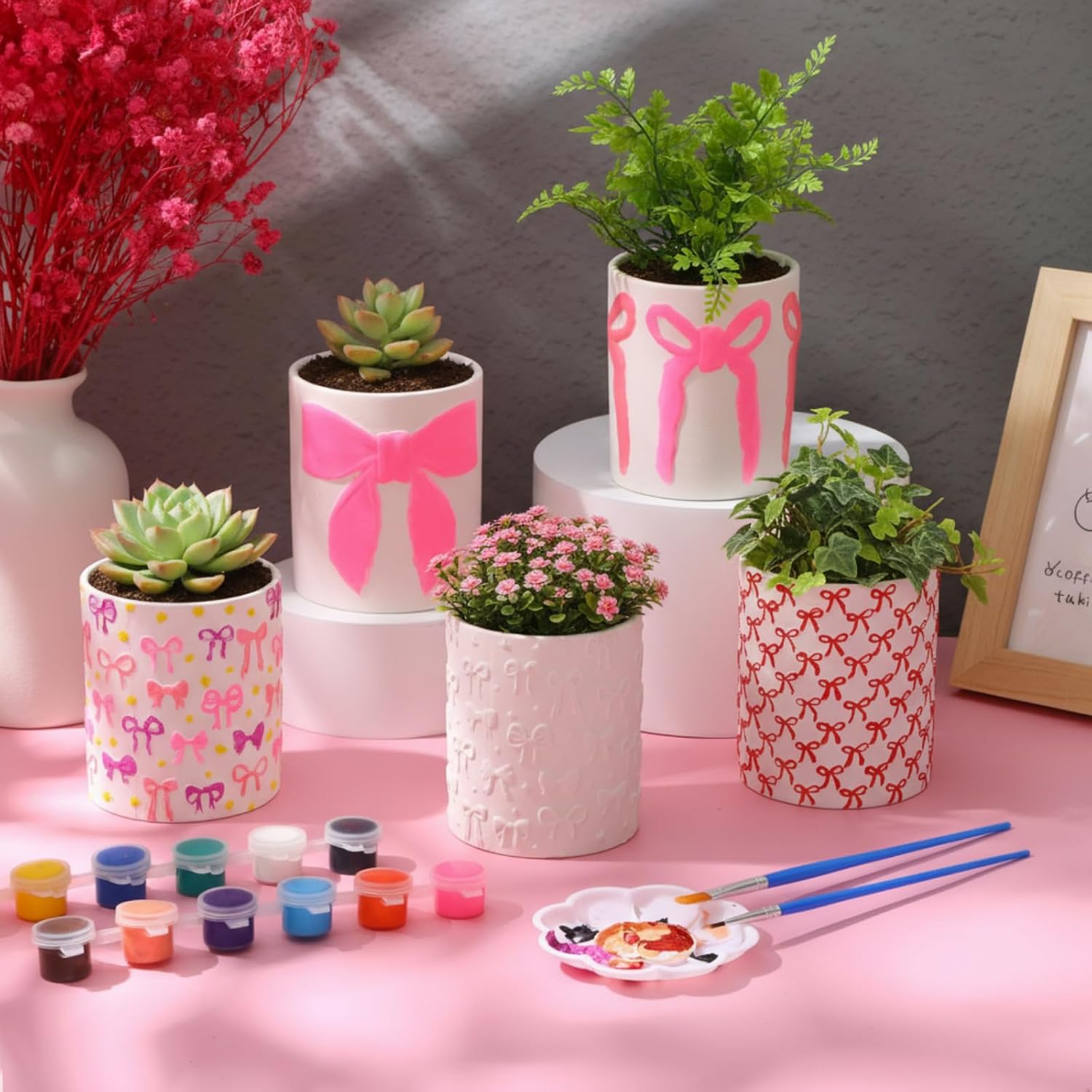 Zubebe 12 Pcs Paint Your Own Flower Ceramic Pots with Drainage Hole, 4 Style Pink Bow Unfinished Succulent Pots