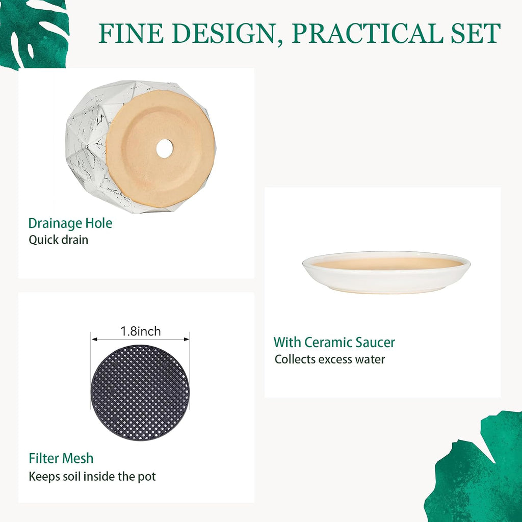 10 Inch Ceramic Plant Pot with Drainage Hole Mesh Net, Large Flower Pots for Indoor Plants with Saucer, Gardening Pots
