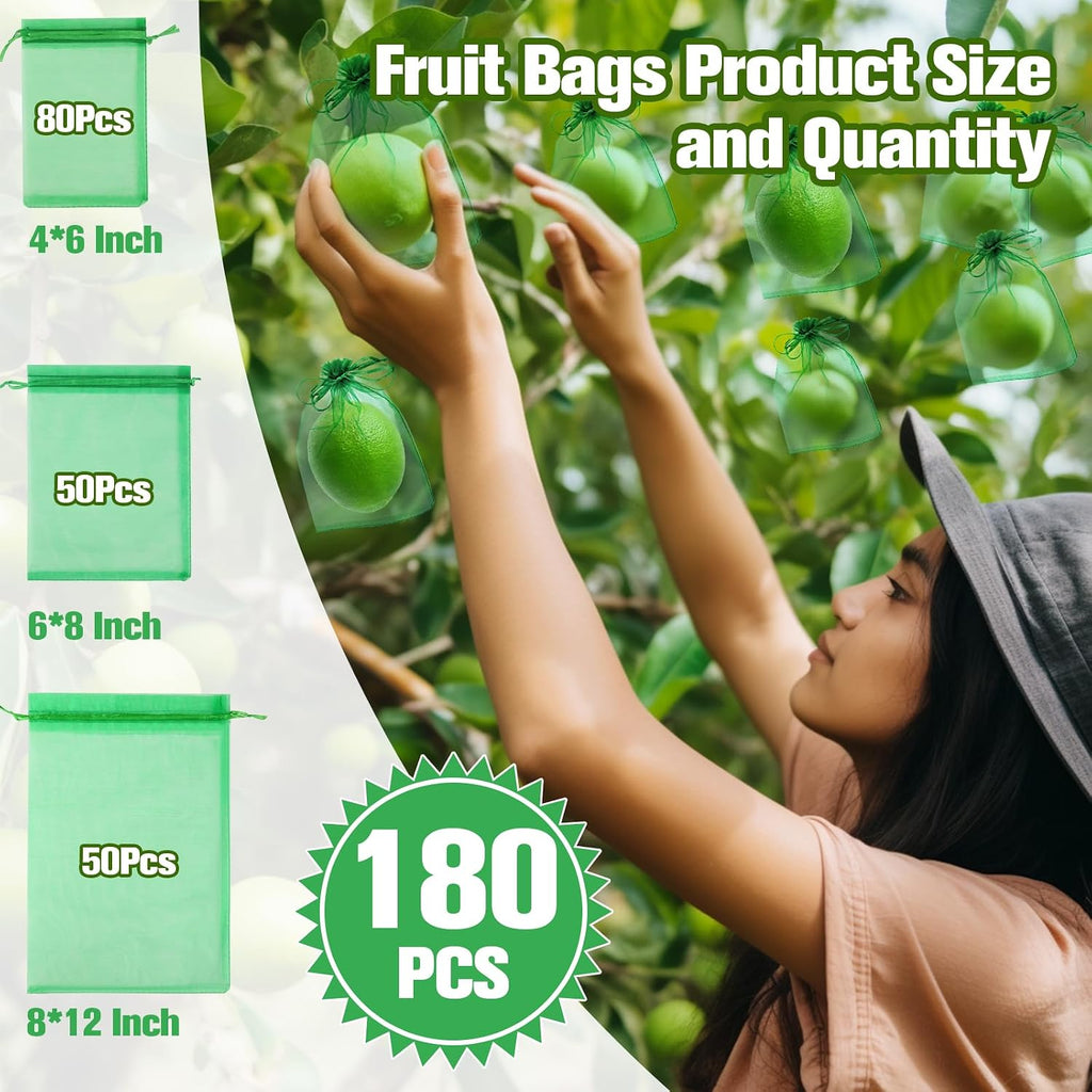 180 Pcs Fruit Protection Bags for Fruit Trees, Green Fruit Netting Cover Bags 3 Size Garden Netting Bags with