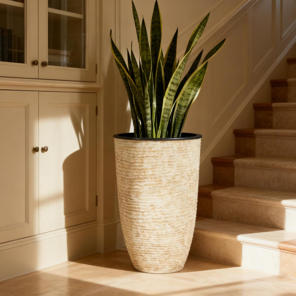 Worth Garden 21" H Beige Tall Planters set of 2 with Inside Pots - 14'' Dia Plastic Large Round Plant Tree Pots with