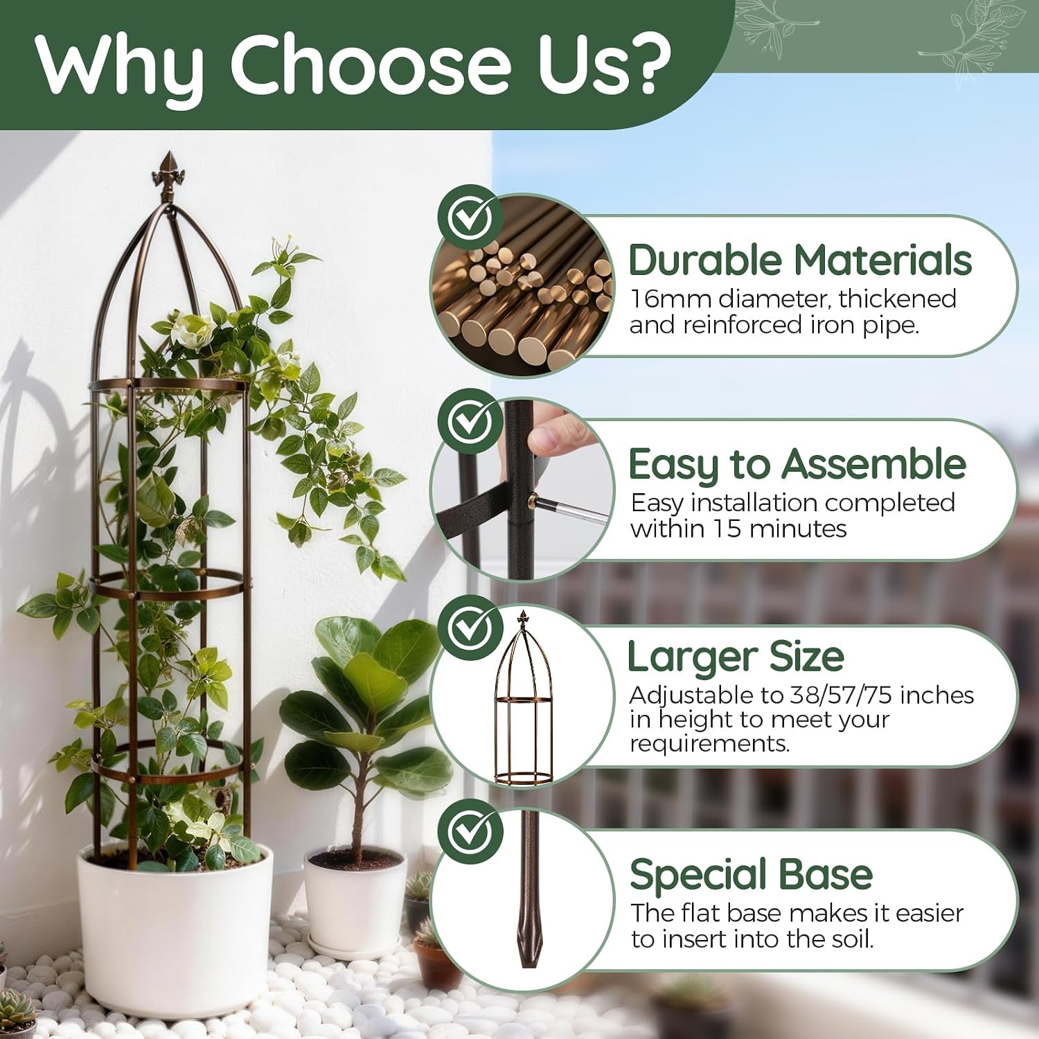 6.3FT, 100% Metal Thickened Garden Obelisk Trellis for Climbing Plants | 16mm Thick Steel Tubes, Sturdy Garden Trellis