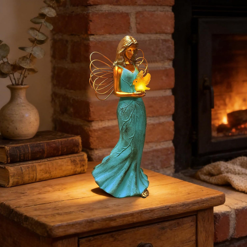 Solar Fairy Garden Statue Decor - Leaf Angel Girls with Hummingbird Figurines Lights Resin Collection Home Decoration