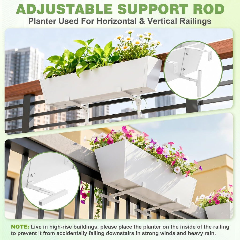 Railing Planter for Outdoor Plants 36'' Metal Hanging Flower Pot with Adjustable Brackets & Drainage Railing Planter