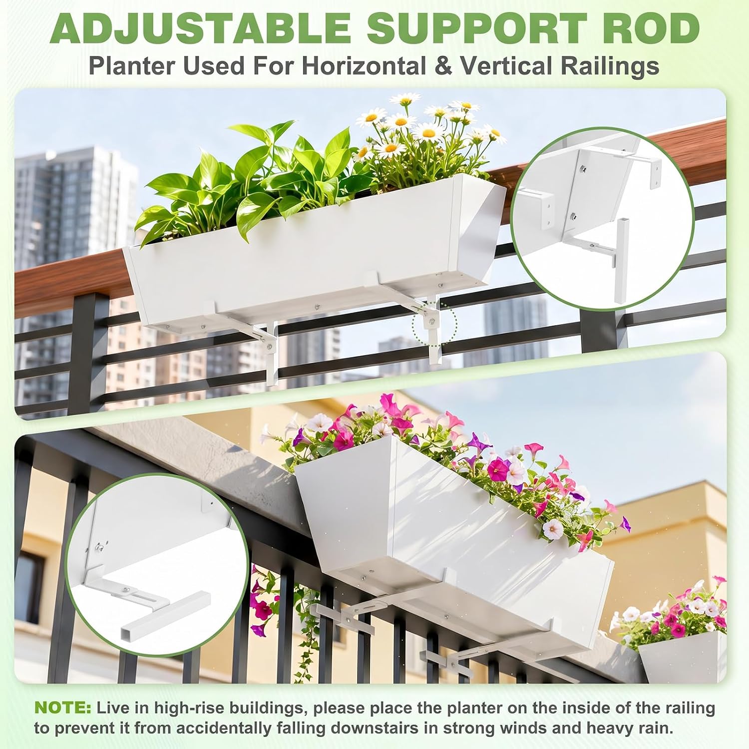 Railing Planter for Outdoor Plants 36'' Metal Hanging Flower Pot with Adjustable Brackets & Drainage Railing Planter