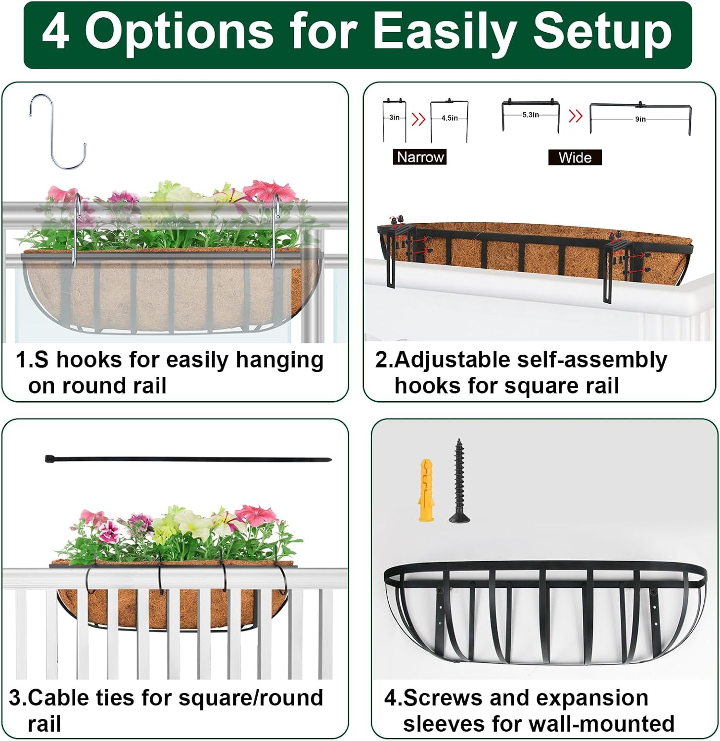 DUNCHATY 24 Inch Railing Planter 4 Pack - Adjustable Metal Window Box Planter with Coco Liner for Deck Balcony Porch