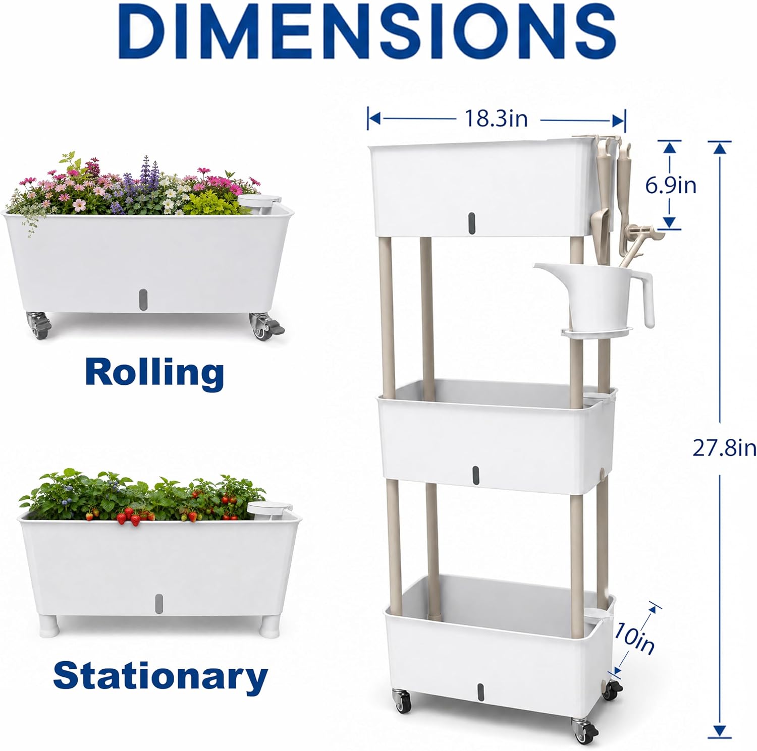 3-Tier 46.7"H Rolling Raised Garden Bed with Wheels, Self Watering Planter Box with Visible Water Level, Gray Rustproof