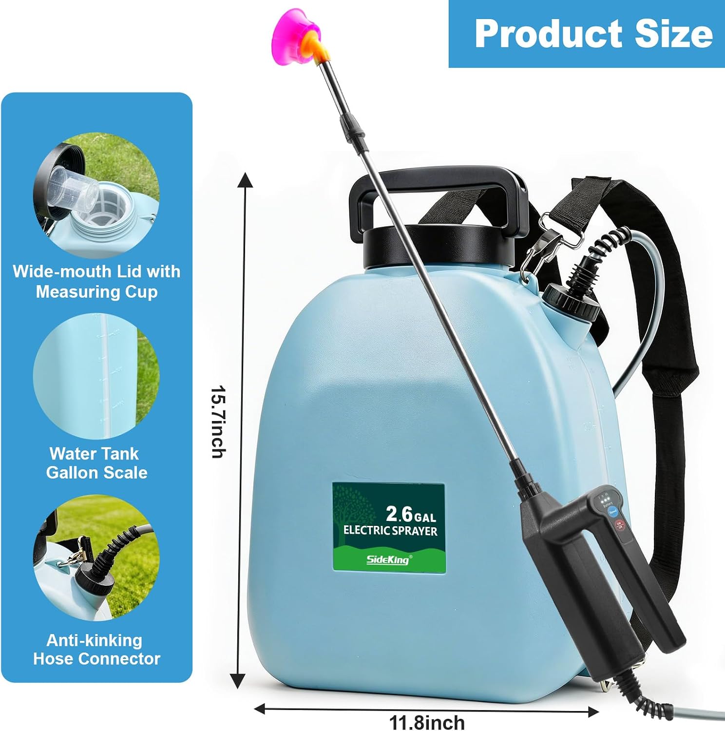 SideKing 2.6 Gallon Battery Powered Backpack Sprayer, Electric Weed Sprayer with 3 Adjustable Pressures, Battery