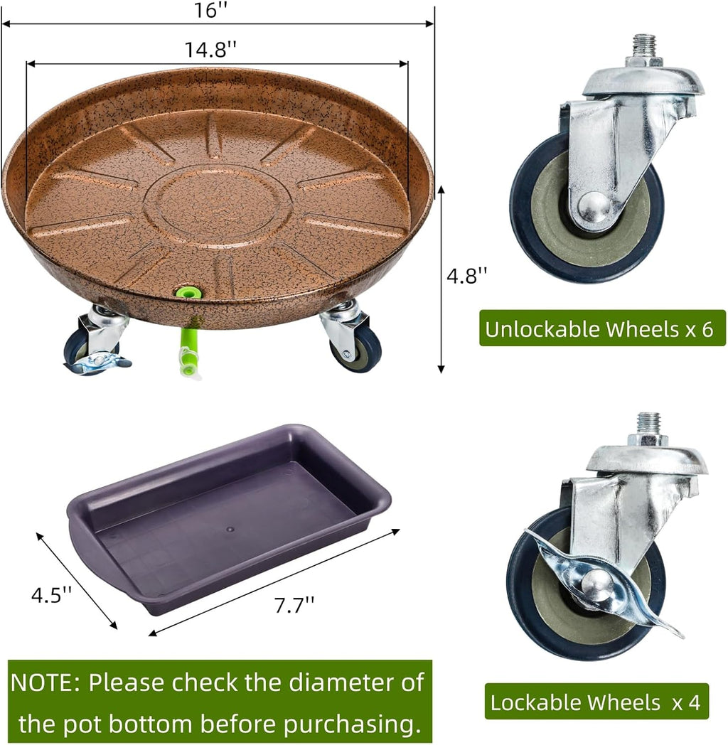 2 Pack Heavy Duty Plant Caddy, 16 Inch | Metal Rolling Plant Stand with Lockable Wheels, Drainage Tray, Round Pot