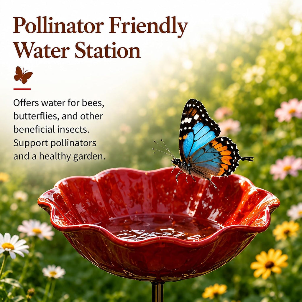 4PC Handmade Metal Flower Garden Stake, Outdoor Bird Bath and Butterfly Watering Station, Bee Watering Flower Stake for