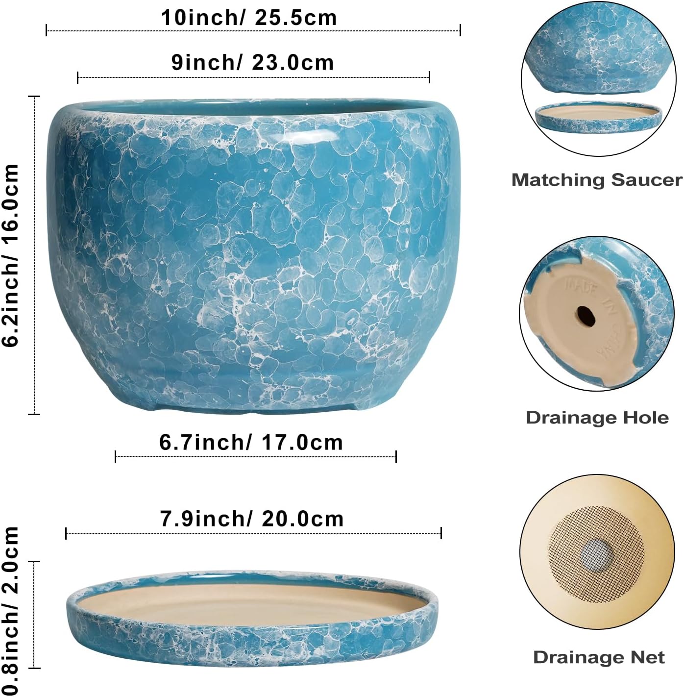 SQOWL Ceramic Planters - 10 Inch Plant Pot Indoor with Drainage Hole and Saucer, Decorative Flower Pot Outdoor, Round