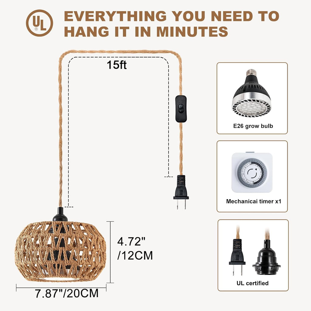 Grow Lights for Indoor Plants, Boho Plants Light, with 24H Timer and 15FT Power Cord, 30W Pendant Plant Lights for
