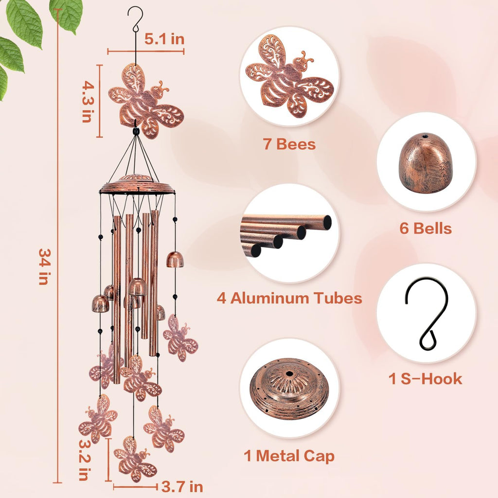 Bee Wind Chimes Outdoor Bee Gifts for Women Mom Men Dad Unique Birthday Metal Honeybee WindChimes for Outside/Indoors