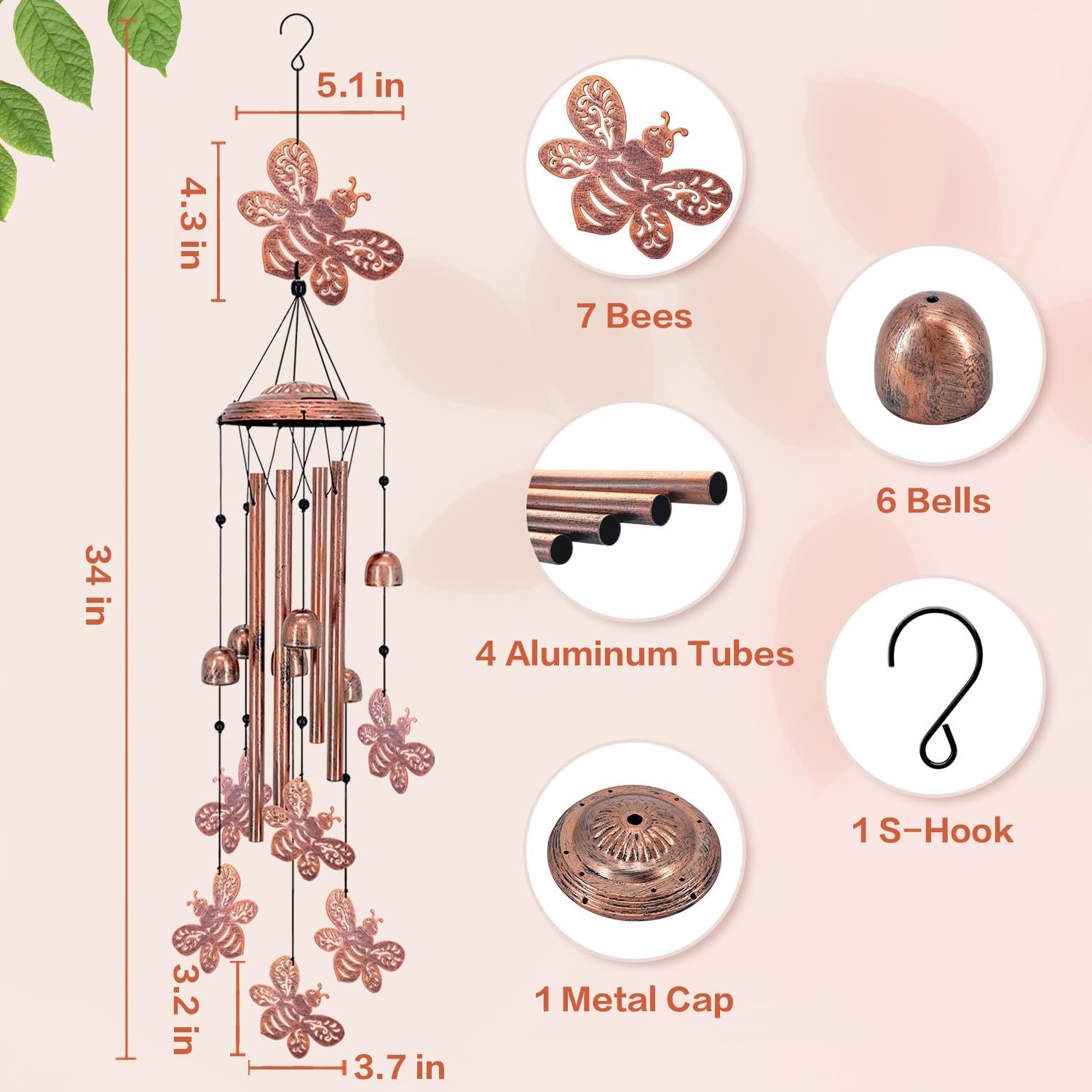 Bee Wind Chimes Outdoor Bee Gifts for Women Mom Men Dad Unique Birthday Metal Honeybee WindChimes for Outside/Indoors