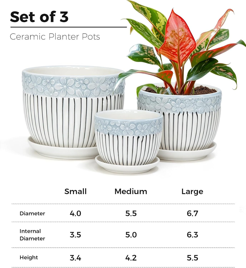 Gray Flower Pots, Texture Ceramic Plant Pots for Indoor Plants Set of 3 | Planters with Saucer | Cute Garden Pots