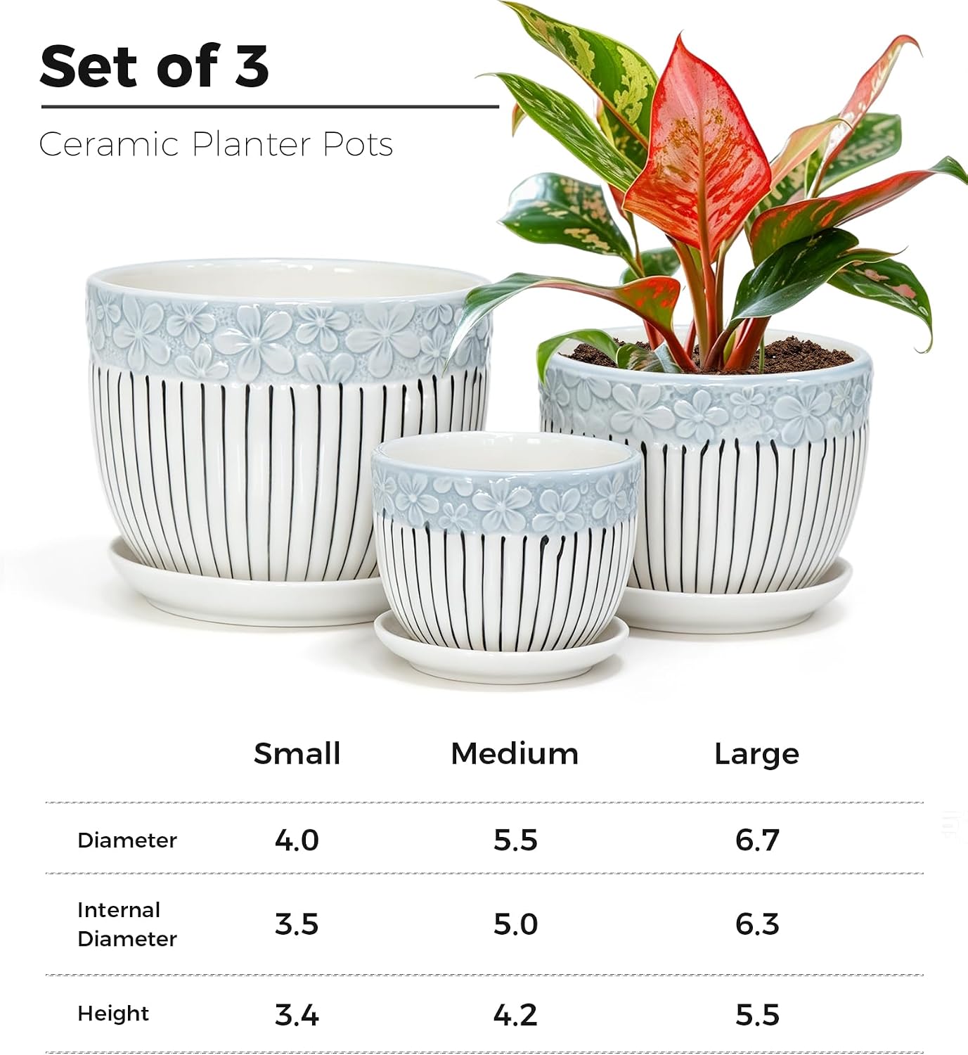 Gray Flower Pots, Texture Ceramic Plant Pots for Indoor Plants Set of 3 | Planters with Saucer | Cute Garden Pots