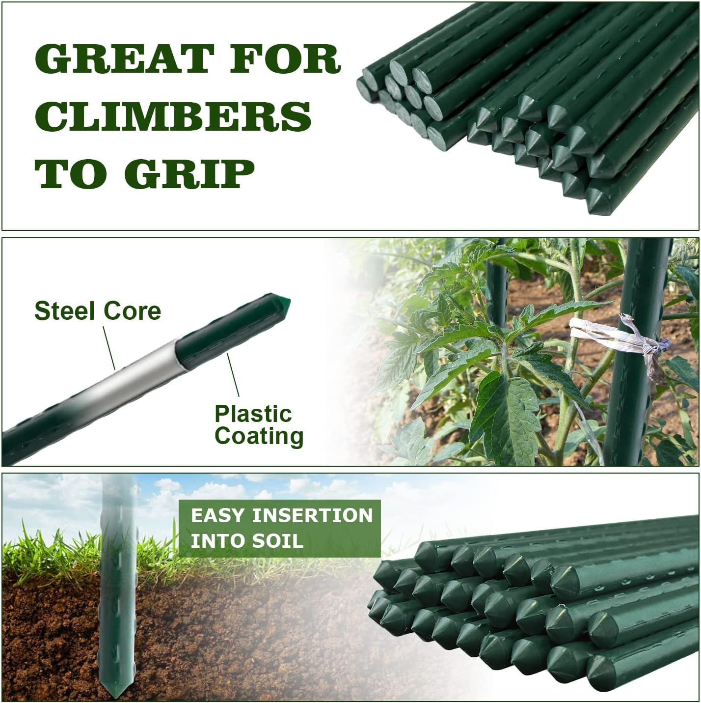 Jollybower 25pcs Steel Plant Stakes 3 Feet,Sturdy Plant Sticks, Plastic Coated Metal Garden Stakes Supports Climbing