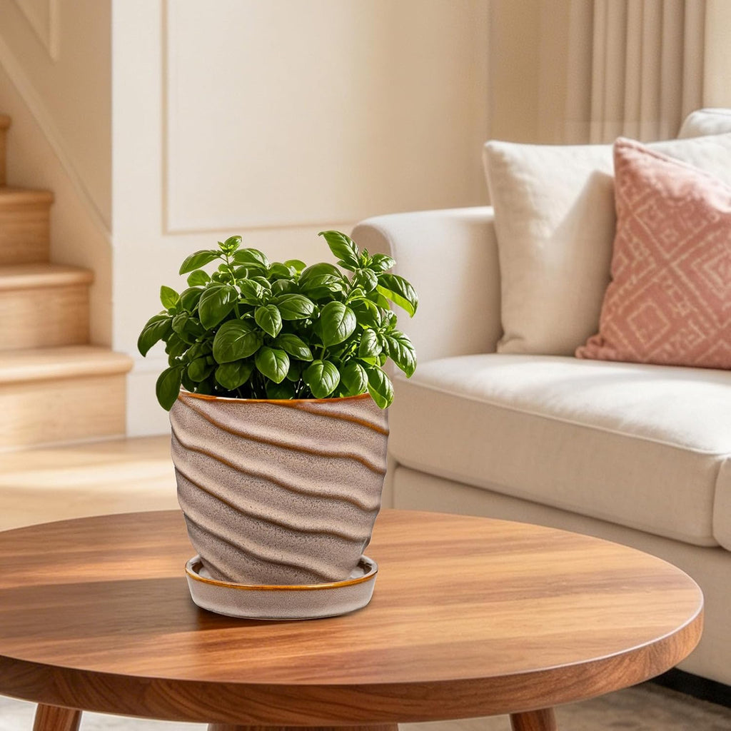 Ceramic Plant Pots with Drainage Holes and Saucers, Set of 3, 4.5 Inch | Stripe Texture Planter Pots for Outdoor Indoor