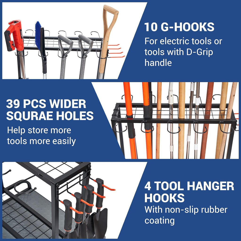 Garden Tool Organizer, Yard Tools Rack Holds 55 Long-Handled Tools/Rakes/Brooms for Garage Organization and Storage