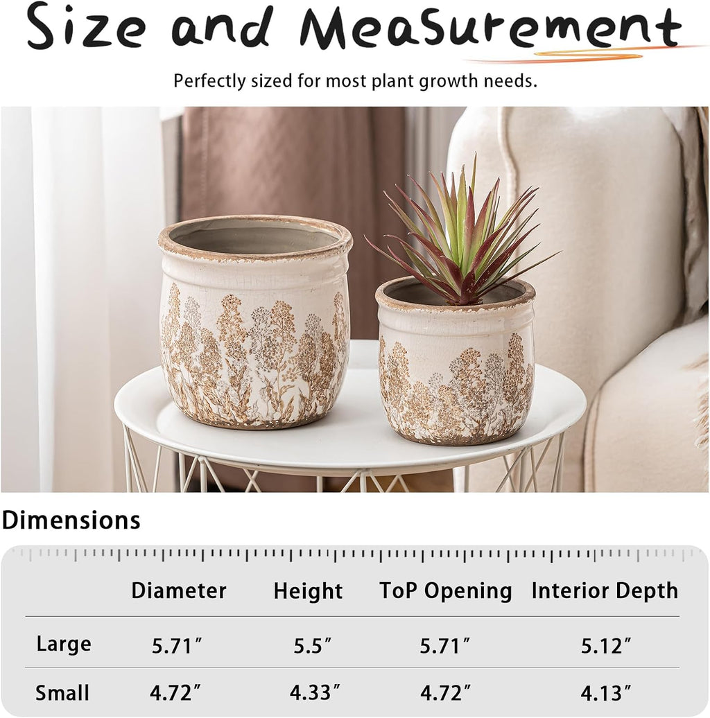 SURE YUESI Ceramic Plant Pots Set of 2, 4.7+5.7 Inch Vintage Indoor Planters with Drainage Hole, Farmhouse Ceramic