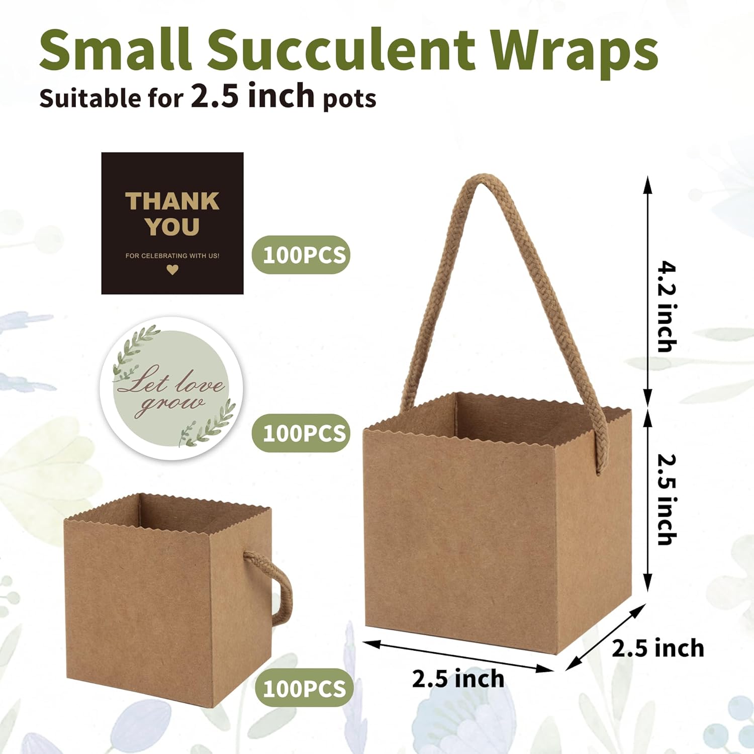 Temlum 2.5 Inch Succulent Wrap Bags (Fits 2.5″ Pots) with Thank You & Let Love Grow Stickers, Small Gift Box for