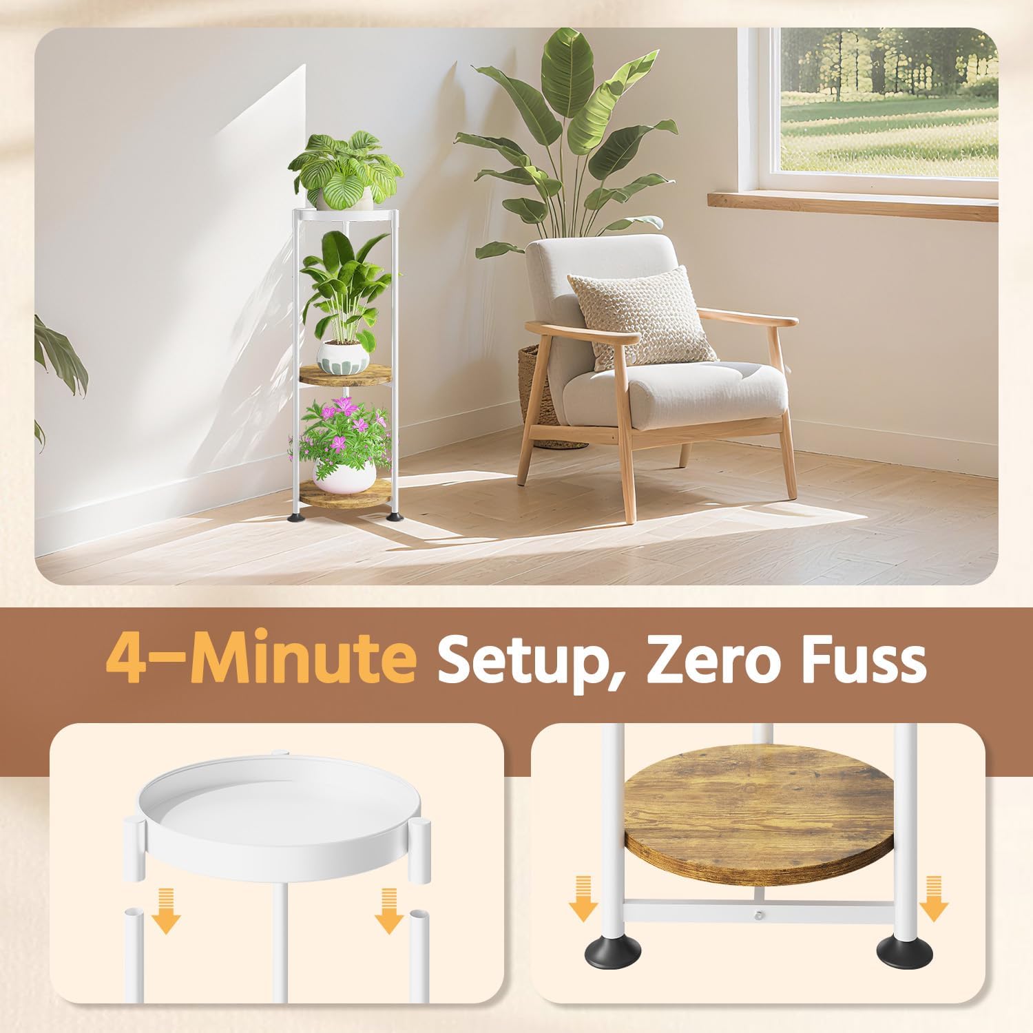 LASZOLA Plant Stand Tall Flower Holder for Indoor Corner, 3 Tier White | Heavy Duty Metal Vertical Multi Level Shelf