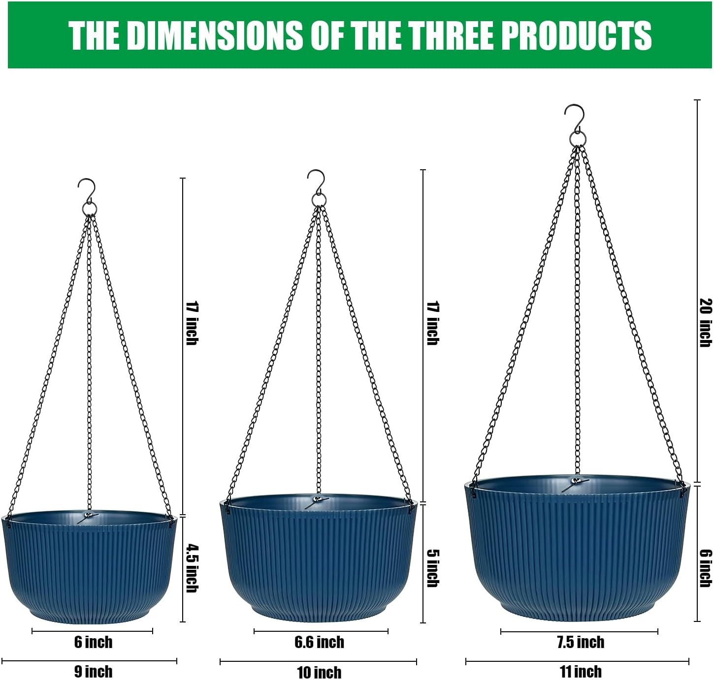 RooTrimmer Hanging Planters 9/10/11 Inch for Indoor Plants, 3 Pack Plant Hanger Outdoor with Drainage Holes, Self