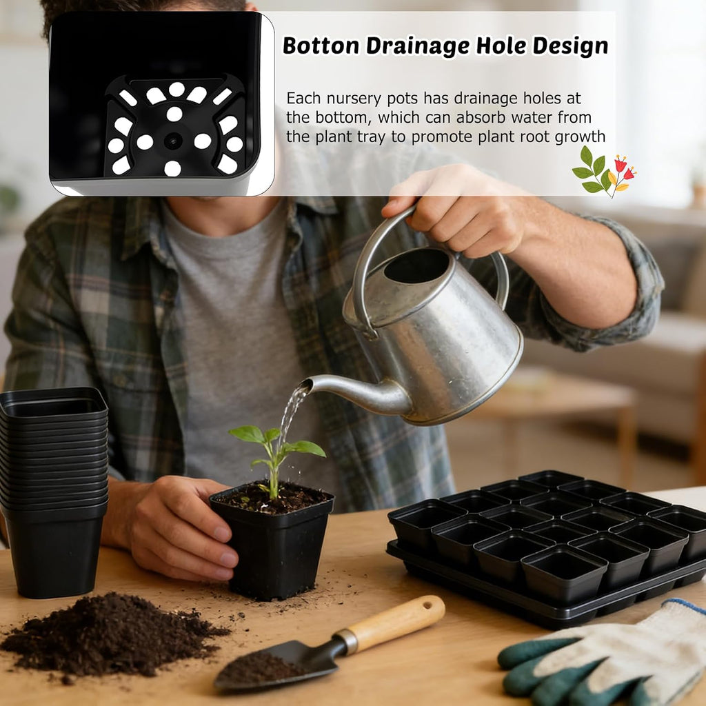 2.6in 100 Pcs Square Nursery Pots with 5 Pcs Plastic Seed Starting Trays | Plant Propagation Starter Kit with Drain