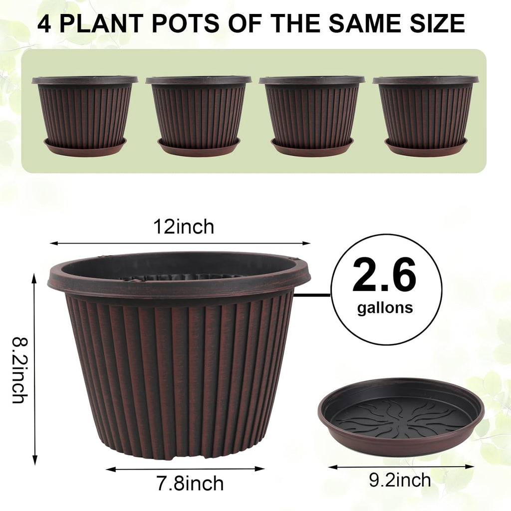Large-Planter-Indoor-Outdoor Plant Pots, 12 inch 4 Pack Plastic Flower Pots with Saucer And Drainage Holes, Modern