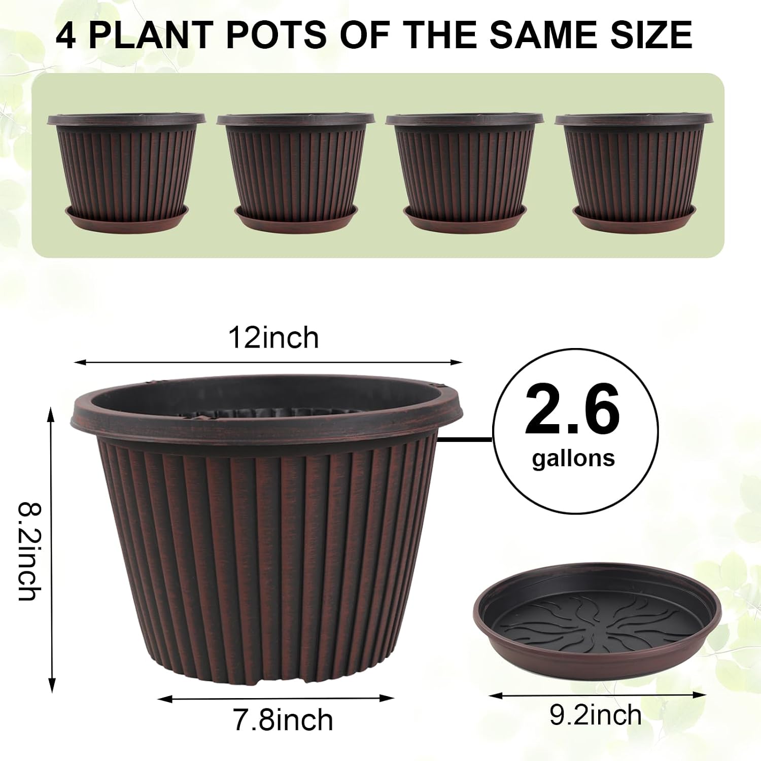 Large-Planter-Indoor-Outdoor Plant Pots, 12 inch 4 Pack Plastic Flower Pots with Saucer And Drainage Holes, Modern