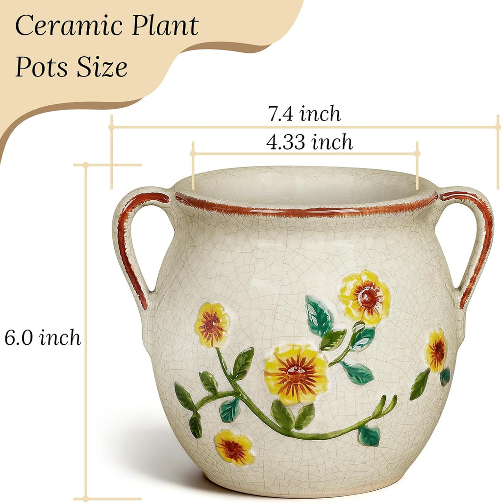 EFISPSS 6 Inch Vintage Ceramic Flower Pot with Relief Design & Handles,Ceramic Cracked Flower Pot with Drainage Hole