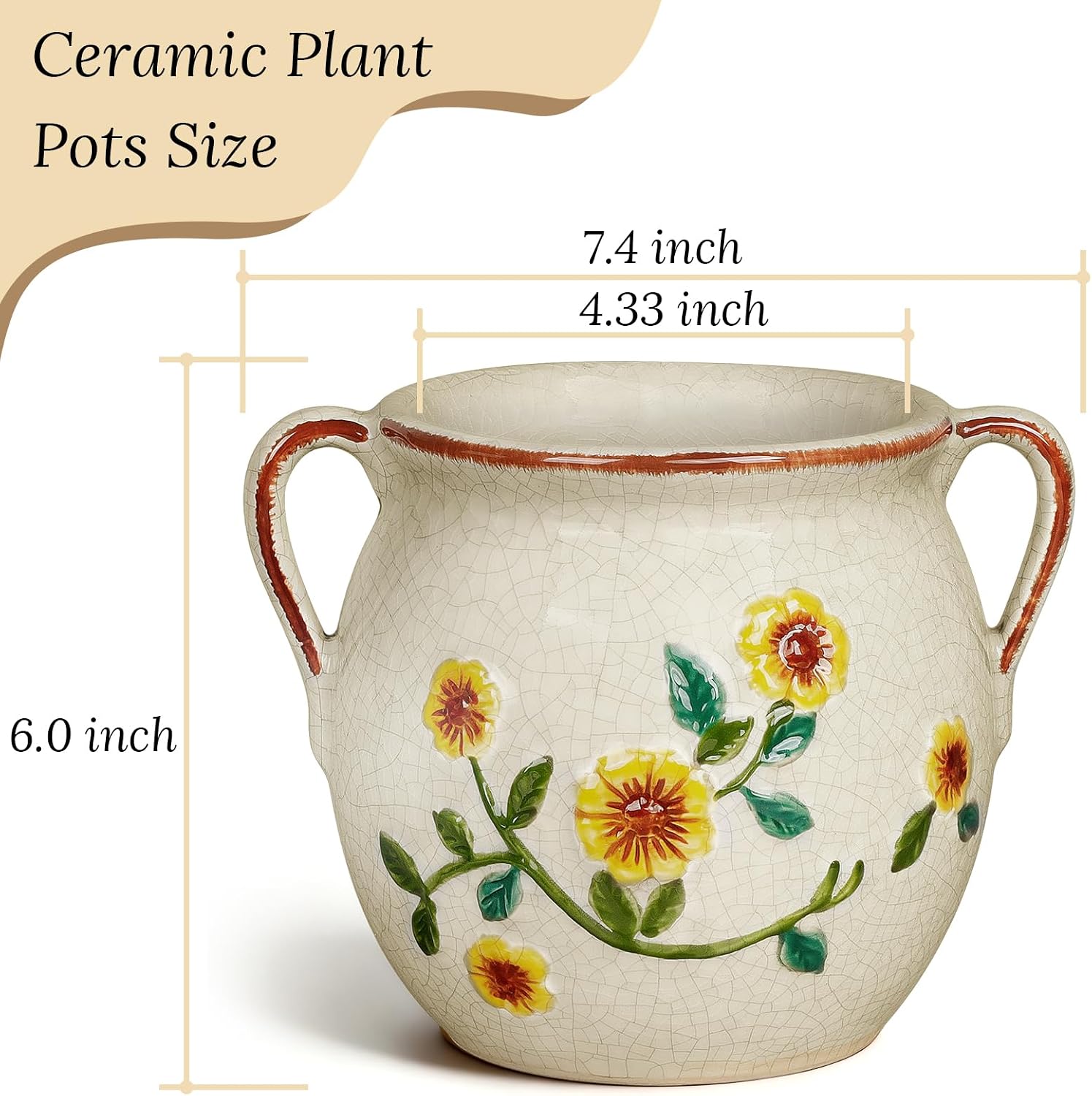 EFISPSS 6 Inch Vintage Ceramic Flower Pot with Relief Design & Handles,Ceramic Cracked Flower Pot with Drainage Hole