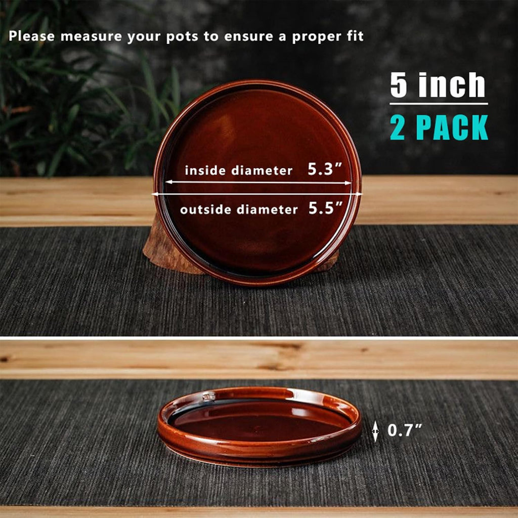 Ceramic Plant Saucer 5 Inch, 2 Pack Round Plant Saucers for Indoors/Outdoors, Flower Pot Saucers for Holding Water