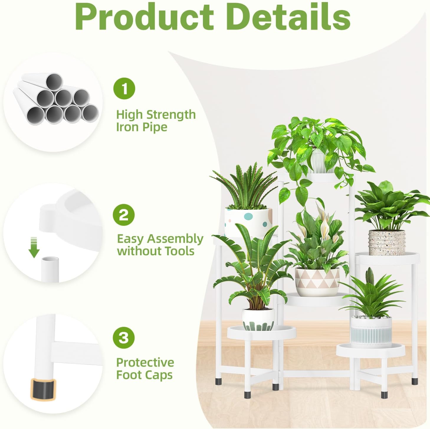 iDavosic.ly 6 Tier Folding Plant Stand Indoor Outdoor, Plastic Tray, White | Space Saving Tiered Corner Storage Display