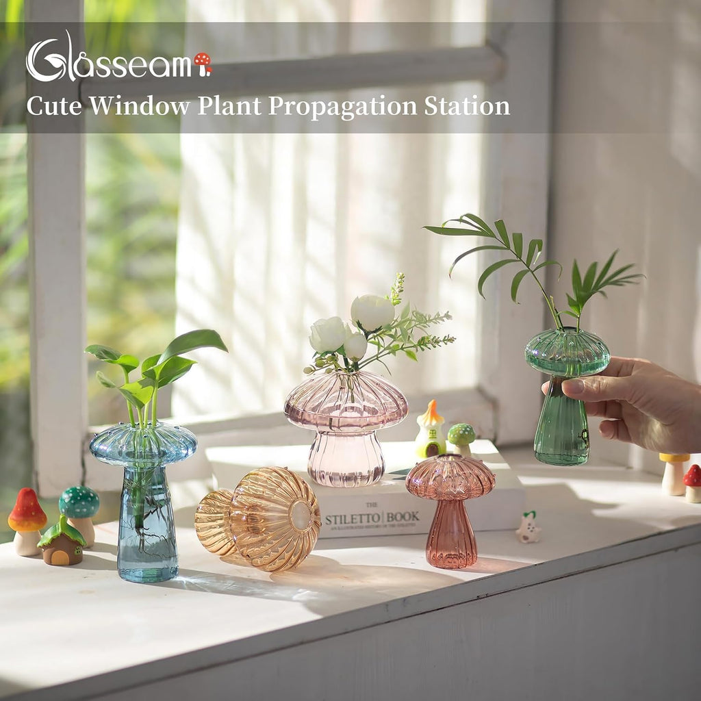 Glasseam Mushroom Plant Propagation Stations: 5 Pcs Glass Propagation Vases | Colored, Hand-Blown, Small Hydroponic