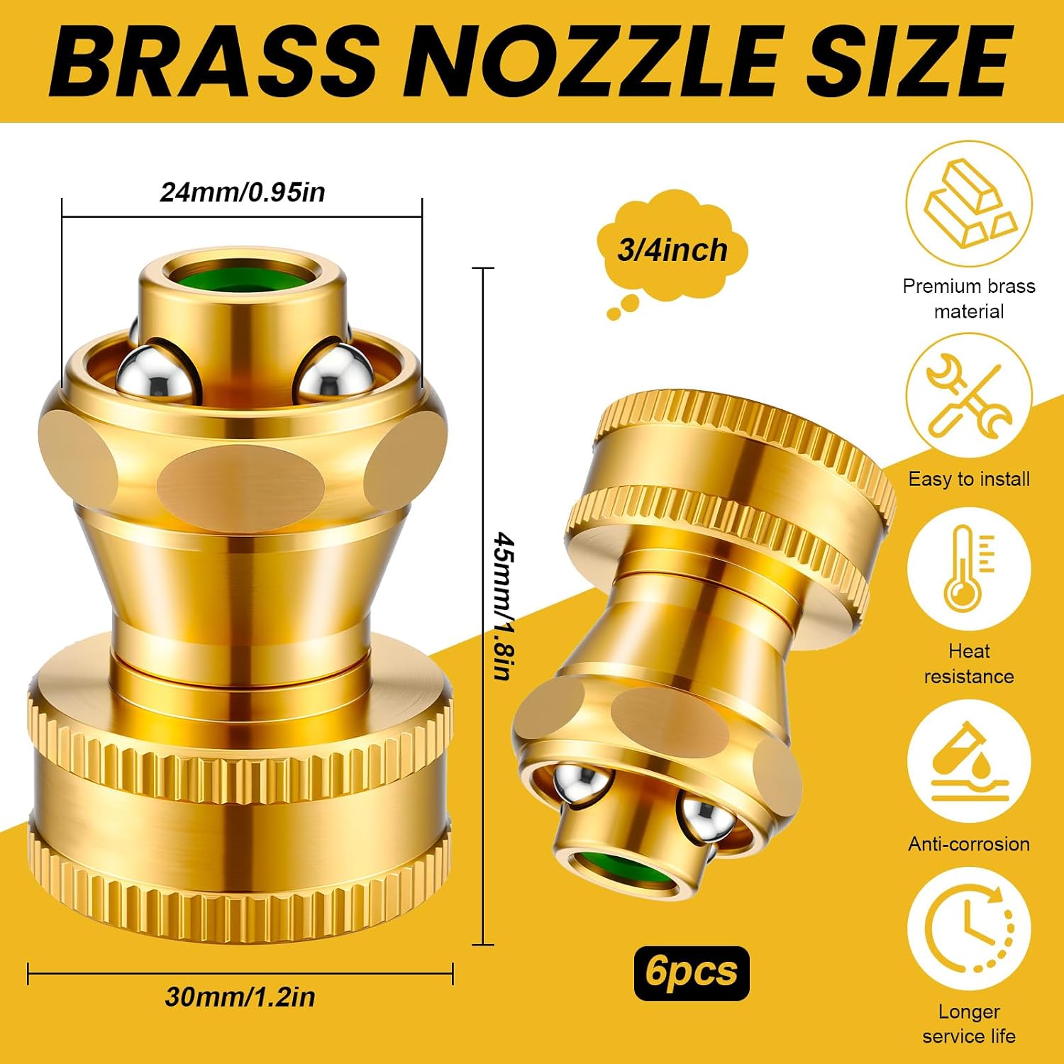 Hotop 6 Pack Big Shot Brass Hose Nozzle Adjustable Twist,3/4 Inch | Threaded Connector for Garden Hose, Heavy Duty