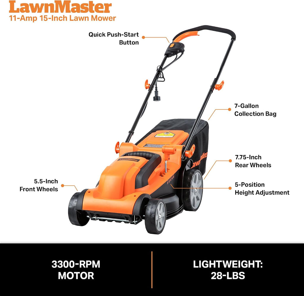 LawnMaster MEB1114K Electric Corded Lawn Mower 15-Inch 11AMP