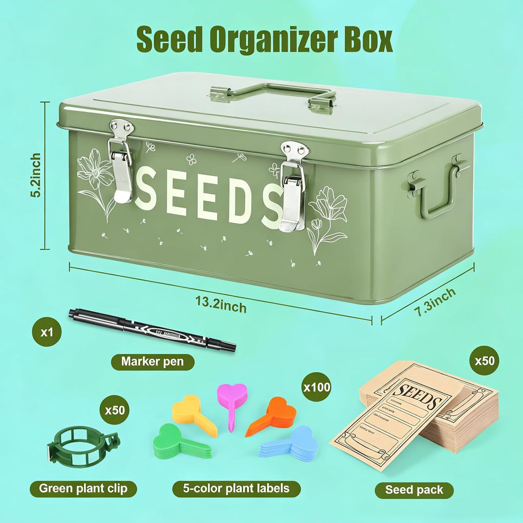 Seed box, Seed storage box, Garden seed organizer | 50 Seed Envelopes, 100 Plant Labels (5 Colors), 50 Plant Clips, 4