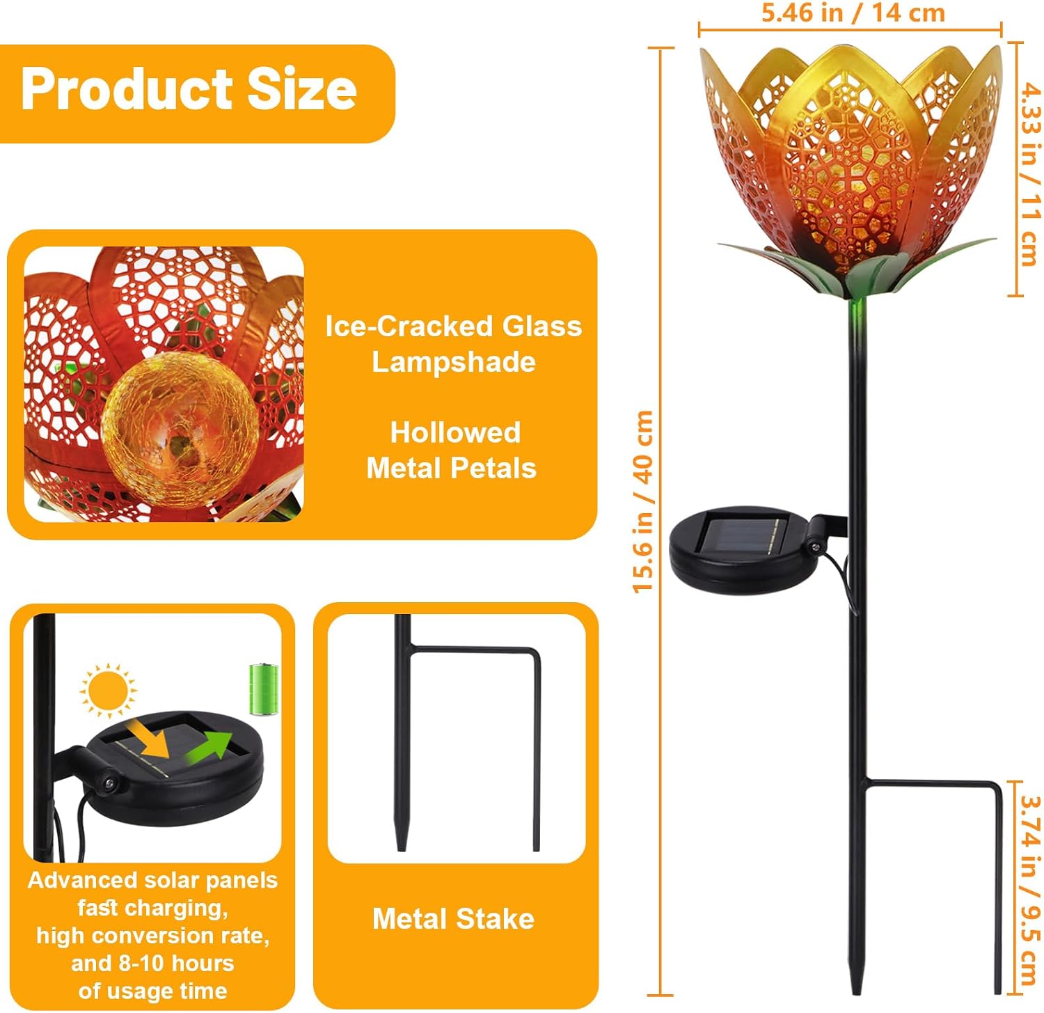 Outdoor Solar Tulip Light, Crackle Globe Glass Metal Flower Decorations Lights for Lawn Ornaments, LED Lotus Hollow