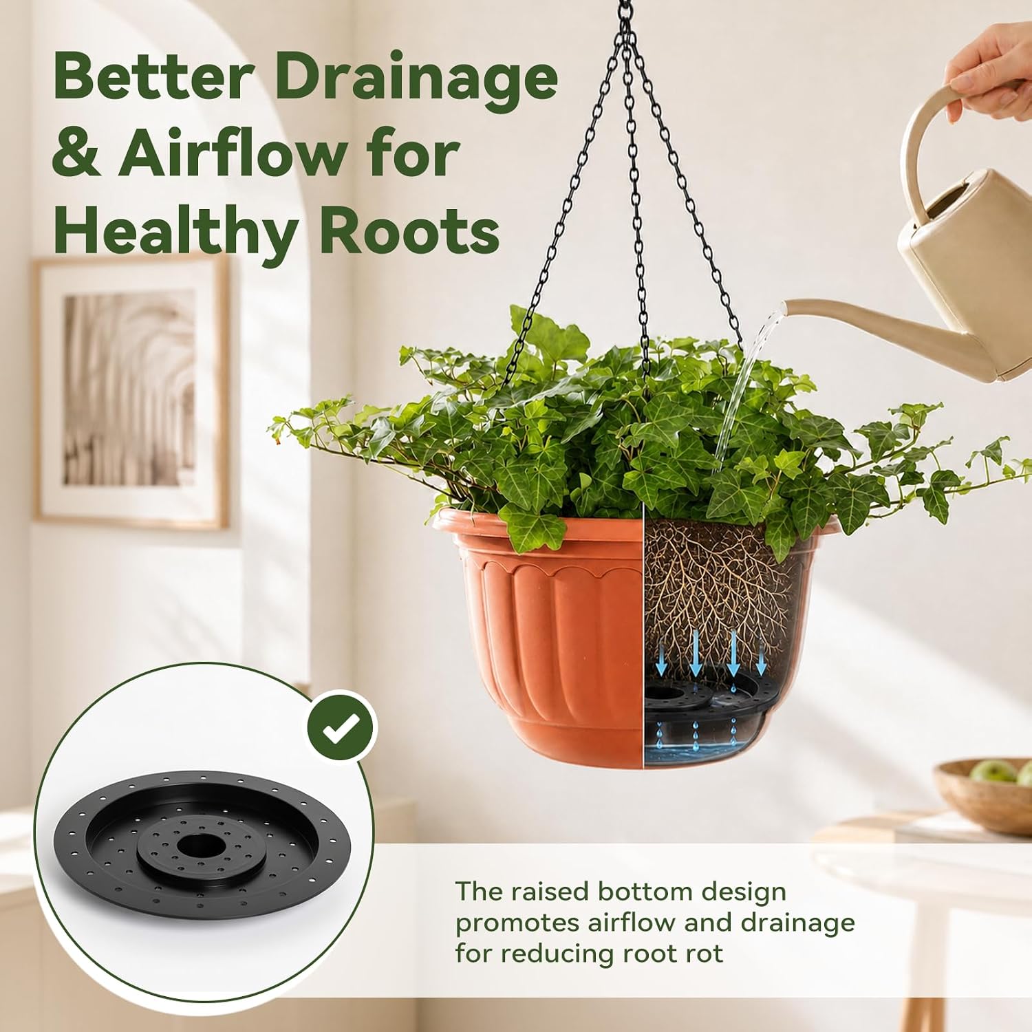 YIKUSH 12 Inch Hanging Planters for Outdoor Plants, 2 Pack Plastic Hanging Flower Pots with Drainage Hole & Tray
