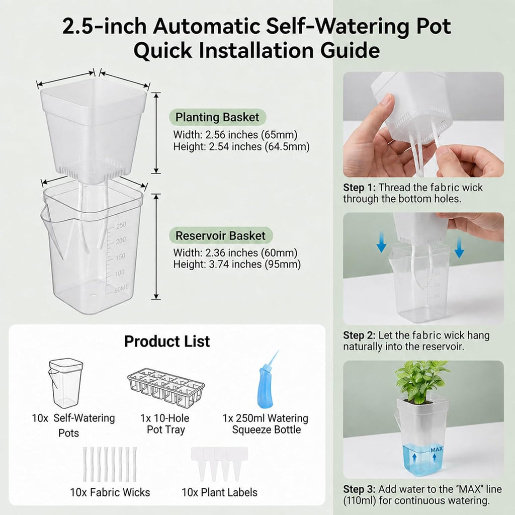 10 Pack 2.5" Self Watering Pots for Indoor Plants with Anti-Tip Tray & Reservoir Refill Bottle, Seed Starter Kit for
