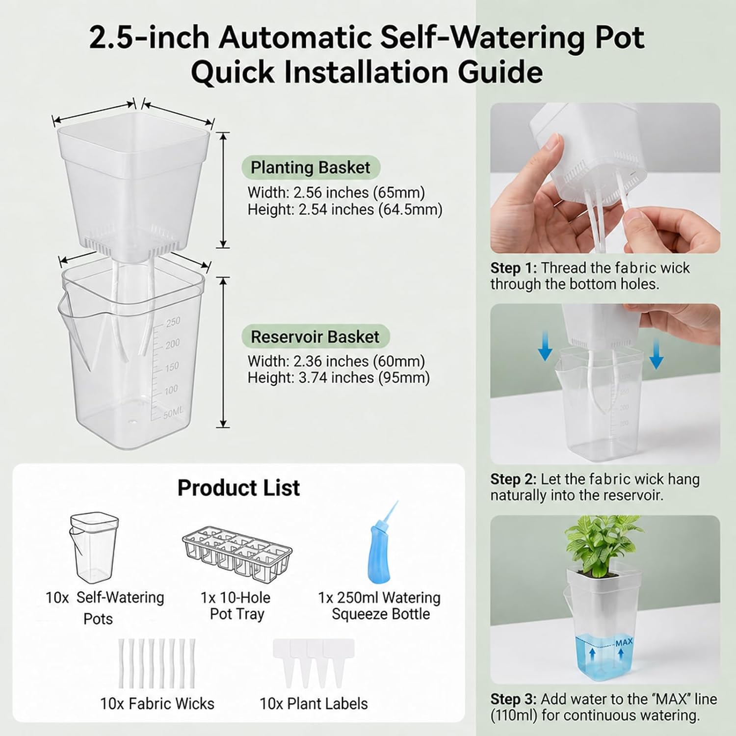 10 Pack 2.5" Self Watering Pots for Indoor Plants with Anti-Tip Tray & Reservoir Refill Bottle, Seed Starter Kit for