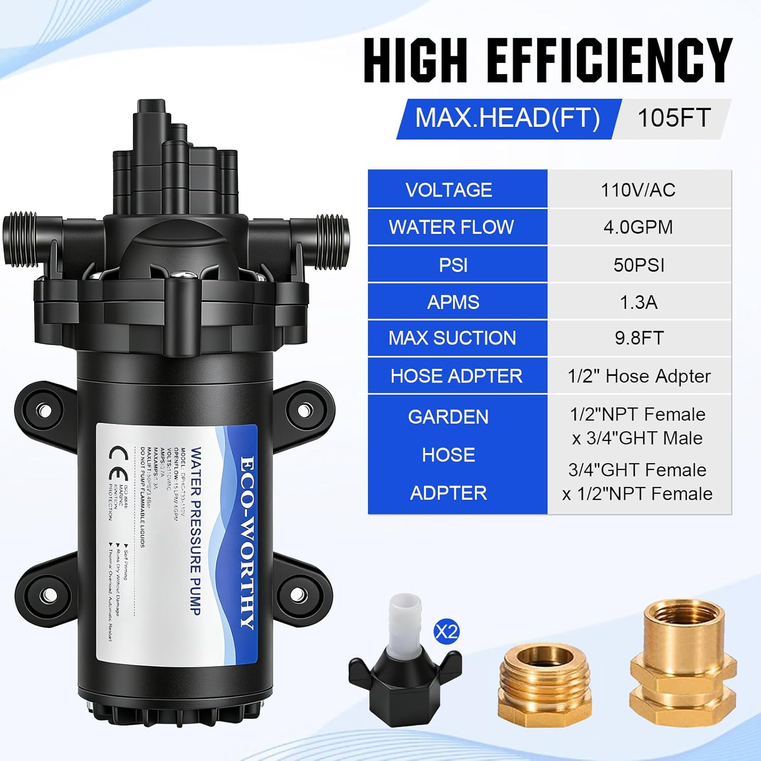ECO-WORTHY 33-Series Industrial Water Pressure Pump 110V AC 4.0GPM 50PSI RV Fresh Water Diaphragm Pump include Garden