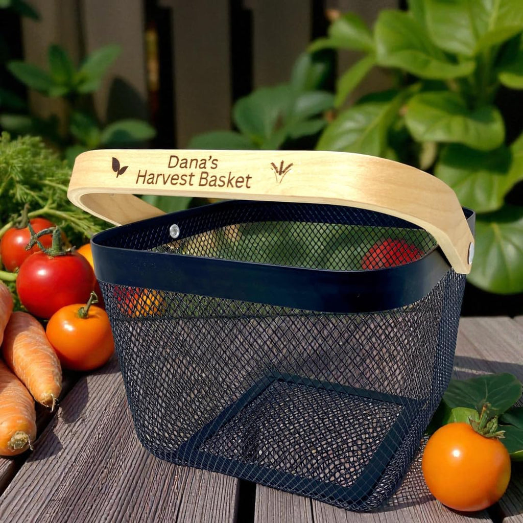 PersonalizedMetal Mesh Harvest Basket with Custom Engraved Handle, Gift For Gardeners, Vegitable Harvesting Basket