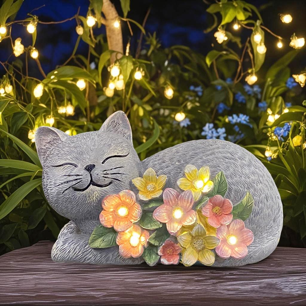 Solar Cat Garden Statue, Resin Solar Cat Lights for Outside | Outdoor Cat Statues with Flower for Lawn Porch Yard Art