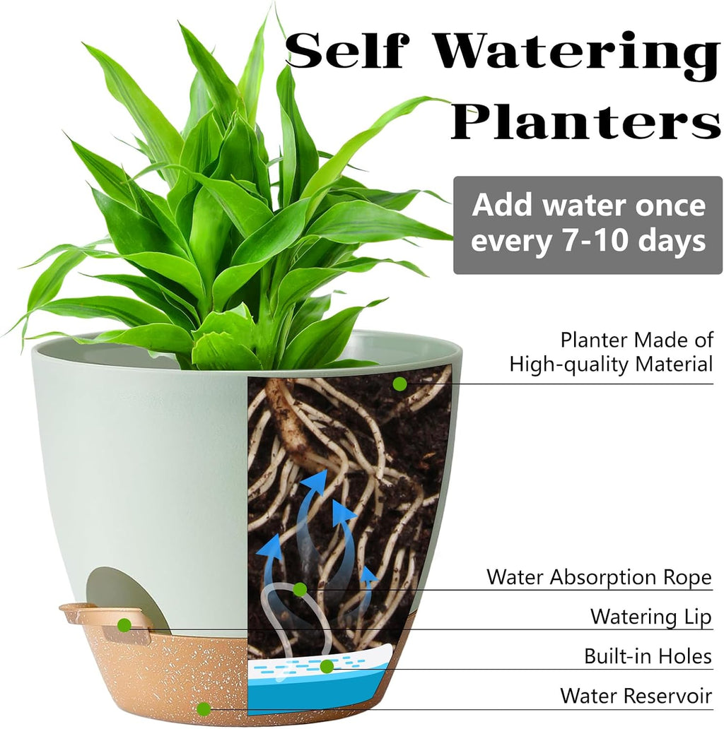 Self Watering Plant Pot with Drainage Hole,Plant Pots Outdoor Flower Pots for Indoor Plants,Modern Green Plastic Self