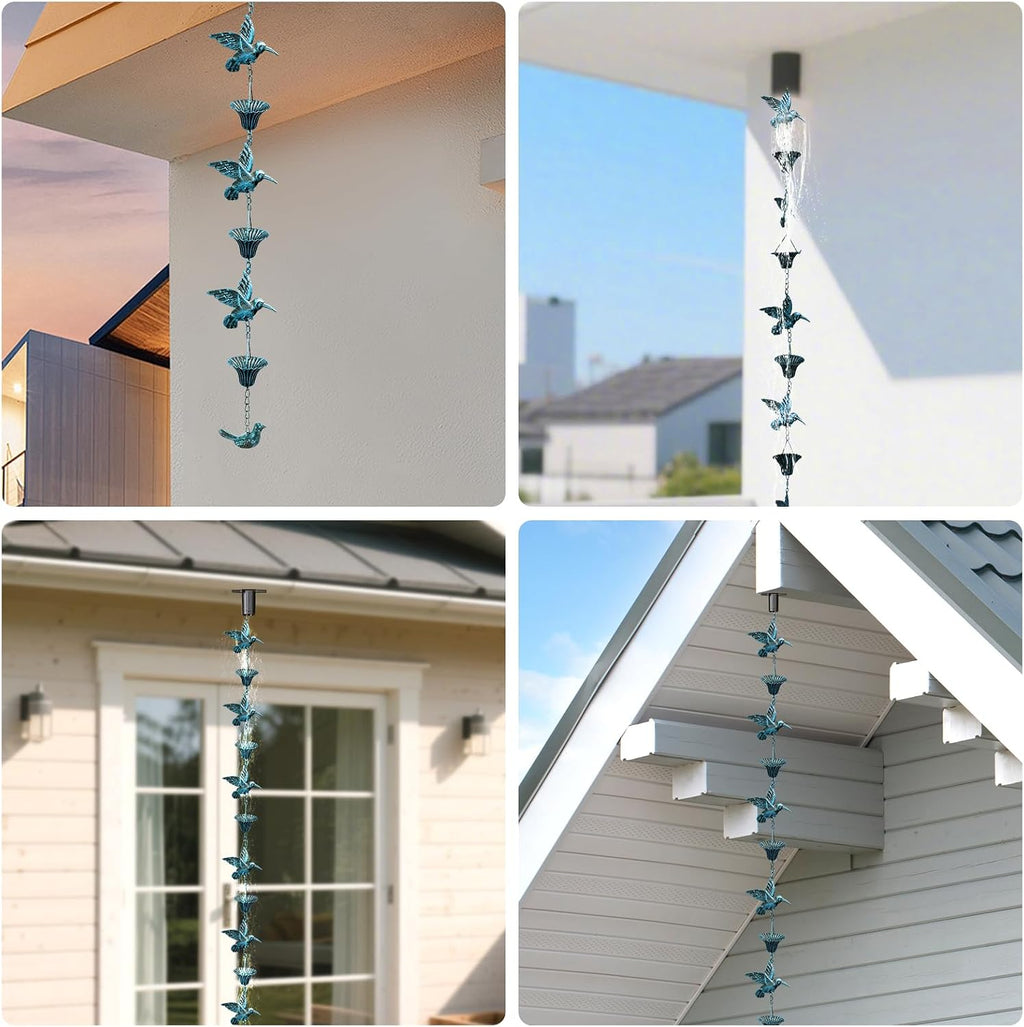Rain Chain for Gutters,8.5FT Rain Catcher Chain for Outside with 7 Metal Cups & Hummingbird Decor,Adjustable Hanging